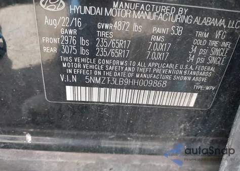 2017 Hyundai Santa Fe Sport 2.4L from USA, damaged, VIN 5NMZT3LB9HH009868